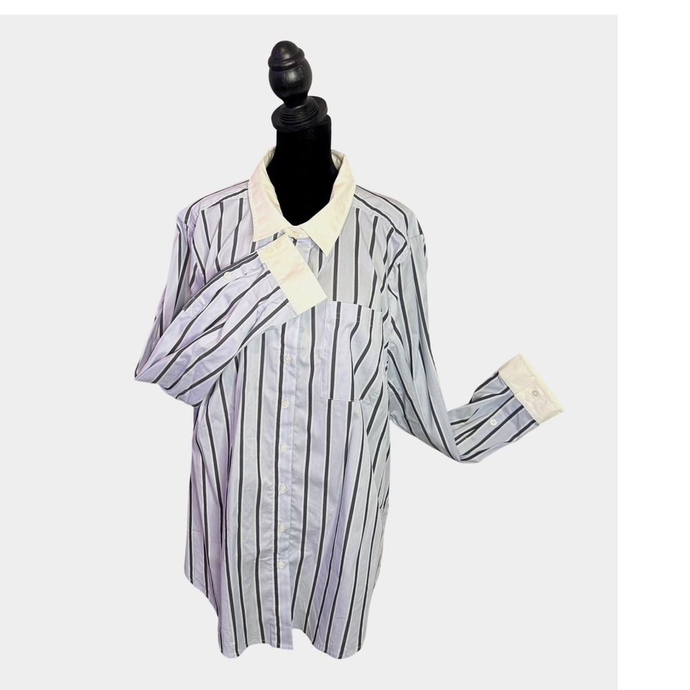 Torrid Lizzie Studio Poplin Button Up Shirt Blue Staggered Stripe Plus Size 2 2X